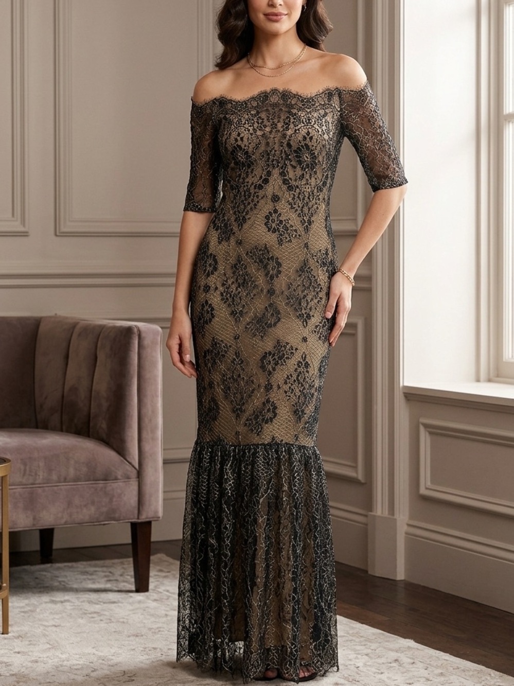Marchesa Notte Black & Gold Metallic Lace Off The Shoulder Dress Women’s Size 8